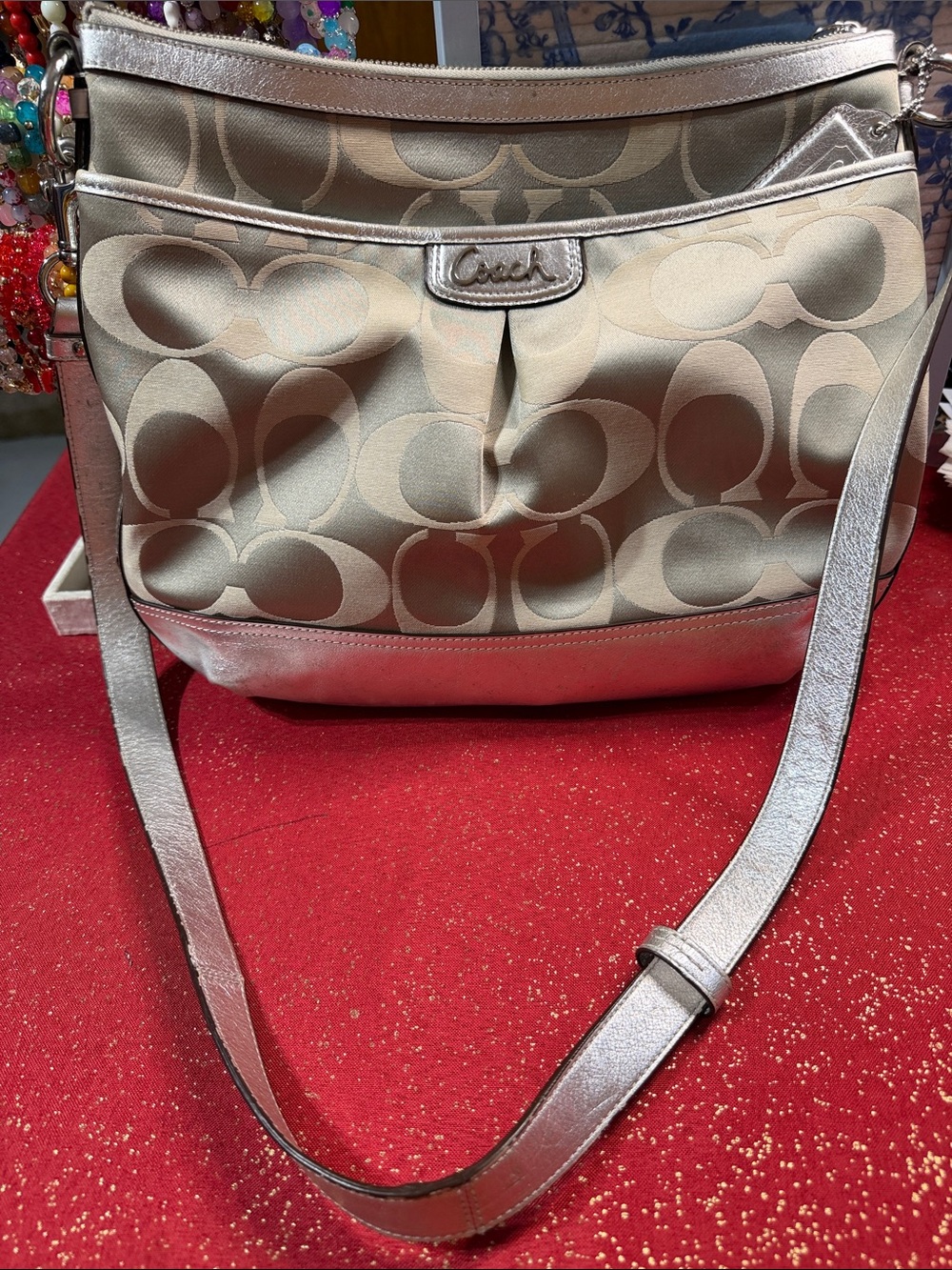 Coach Metallic Champagne Signature crossbody Bag with Silver Trim